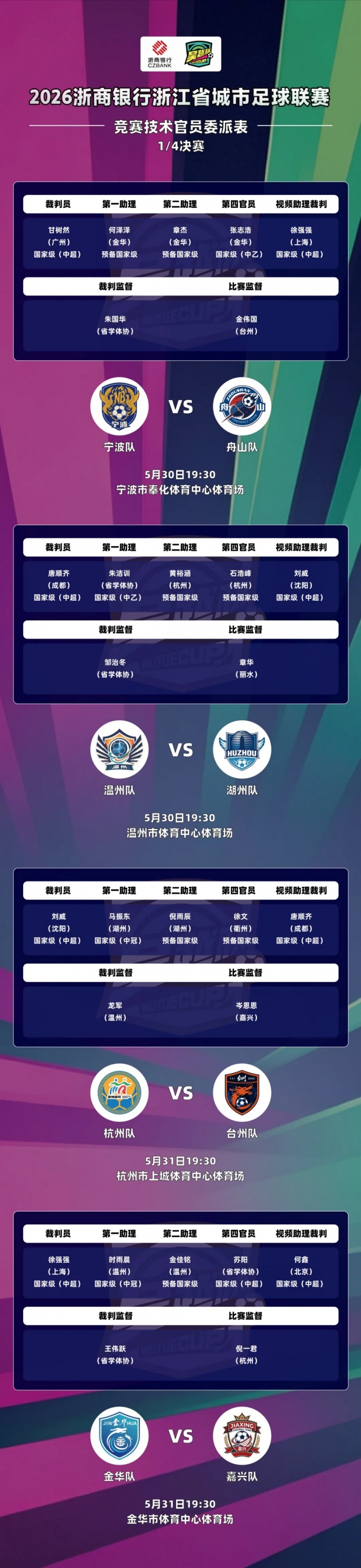 吳越杯四分之一決賽外省中超裁判全覆蓋，唐順齊、甘樹然分別執(zhí)法