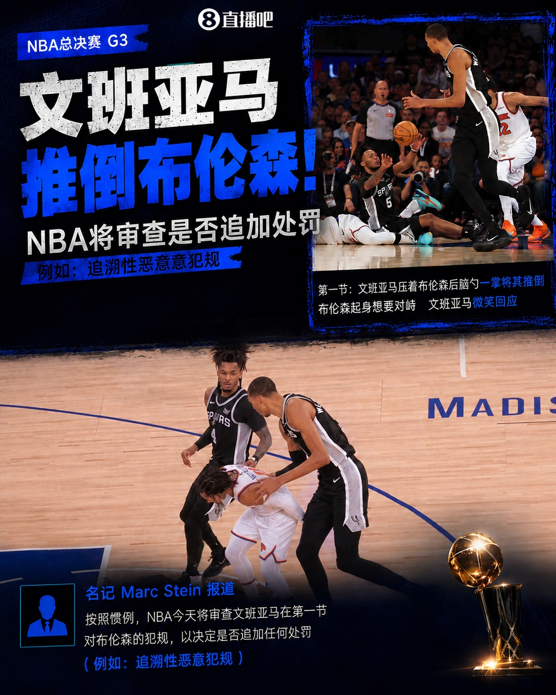 NBA審查文班亞馬推倒布倫森動(dòng)作，或追加惡意犯規(guī)