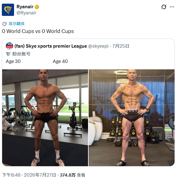 瑞安航空社媒曬C羅十年對比：30歲0世界杯，40歲仍是0